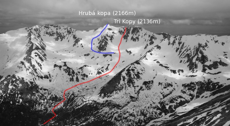 Krásný sjezd z Hrubé kopy a exponovaný žlábek z Trech kop.