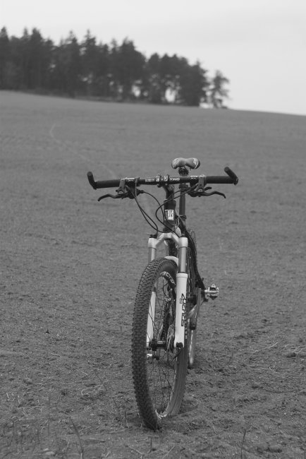 Třebíčská klasika - průzkum cesty, která po prudkém sjezdu končí na poli. Nezbývá než pole přejet a doufat, že je za ním nějaká cesta (tady zrovna nebyla).