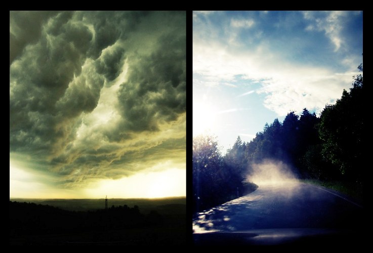 Cestou do Svratky. Vlevo před a vpravo po dešti. Foto MM.