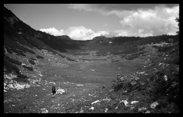 Krásné lóóky, začátek náhorní plošiny, vzadu v lese je schovaný Albert Appel Haus, kde jsme spali první noc