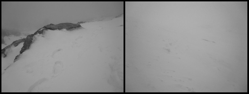 Dneska mám dost. Sedím ve sněhu nad rampou, zabalenej v goráčích, kolem zuří sněhová vichřice. Fotím za a před sebe.