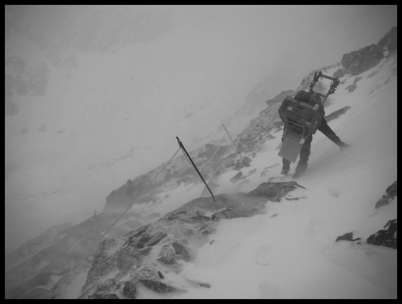 Nad rampou. V pauzách mezi poryvy větru rychle ujít pár metrů a něčeho se chytnout.