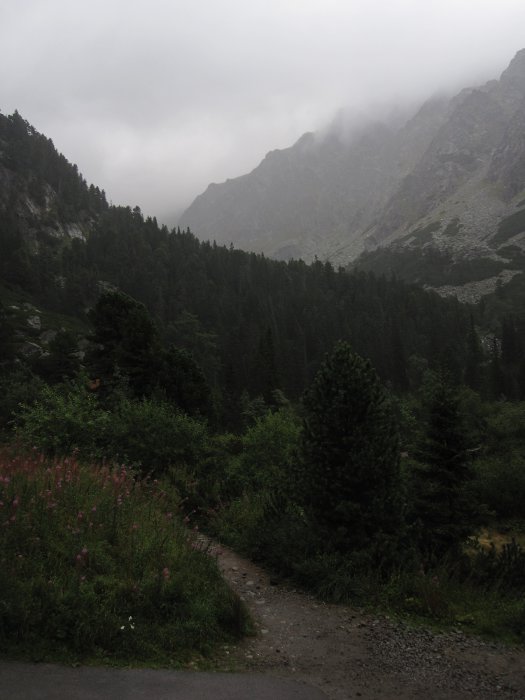 Pohled do Zlomisek. Náš plán na hřeben ze Železné brány na Ganek, Vysokou a chatu pod Rysy je utopen ve vodě a mlze