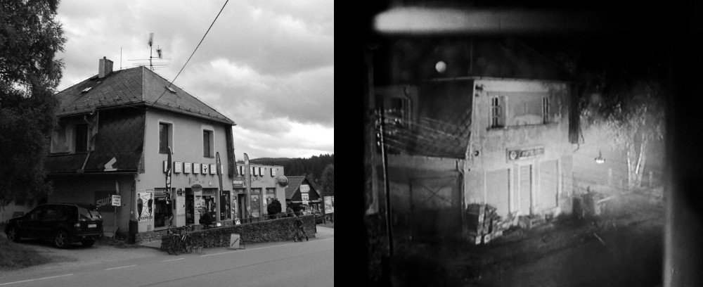 Kvilda a obchůdek. Vlevo fotka z minulého týdne, vpravo fotka z mého oblíbeného filmu Král Šumavy