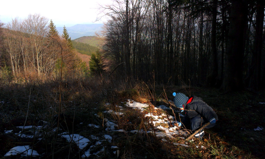Zbytky sněhu pod chatou