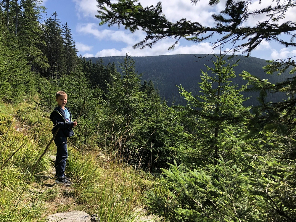 První výhledy, po svazích vzadu půjdeme